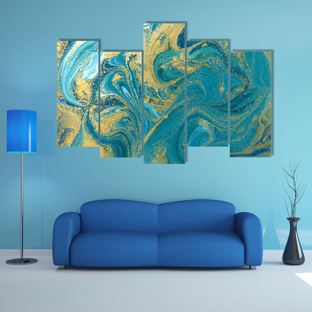 Teal Ink Marble with Gold Veins Canvas Wall Art