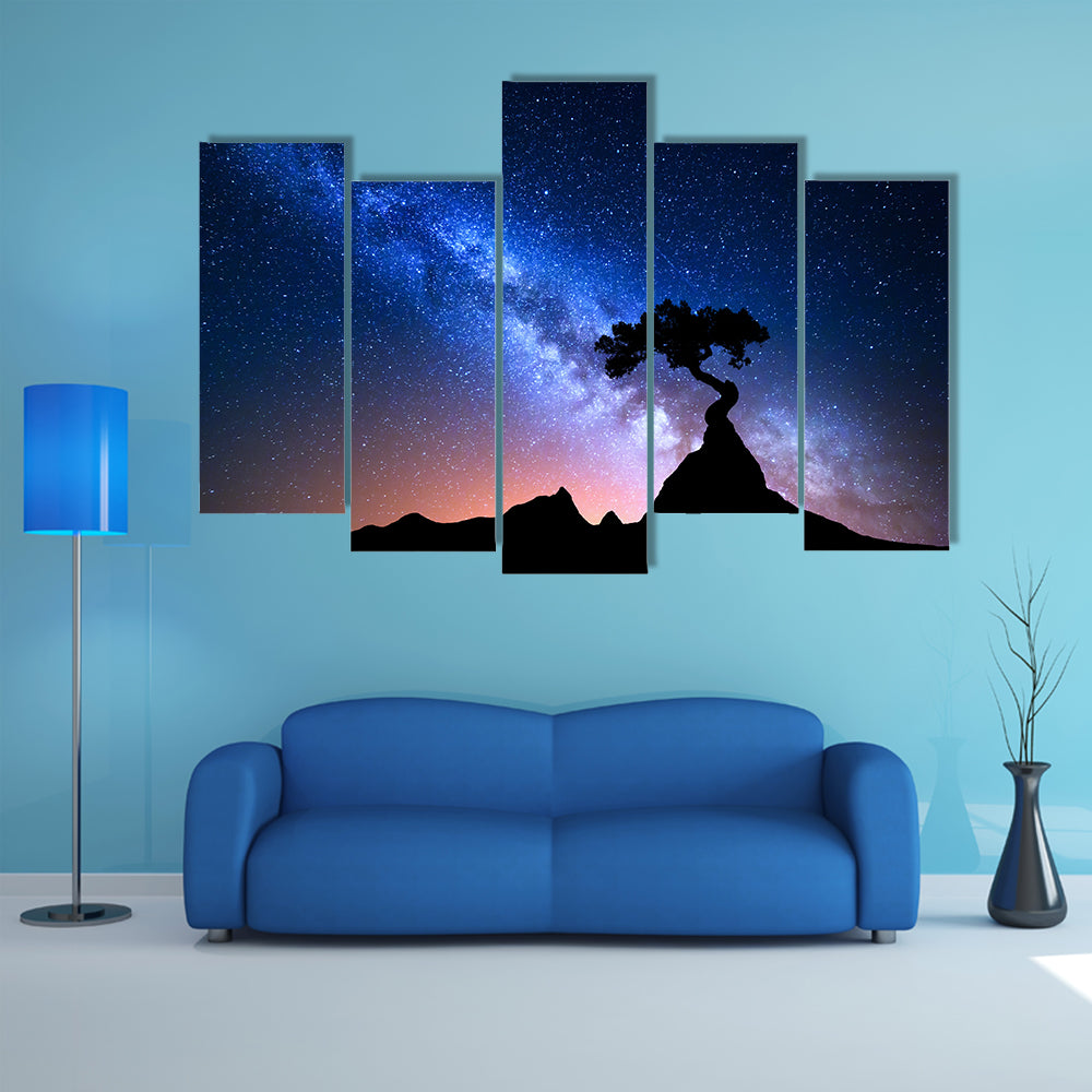 Alone Tree Under Starry Sky Canvas Wall Art