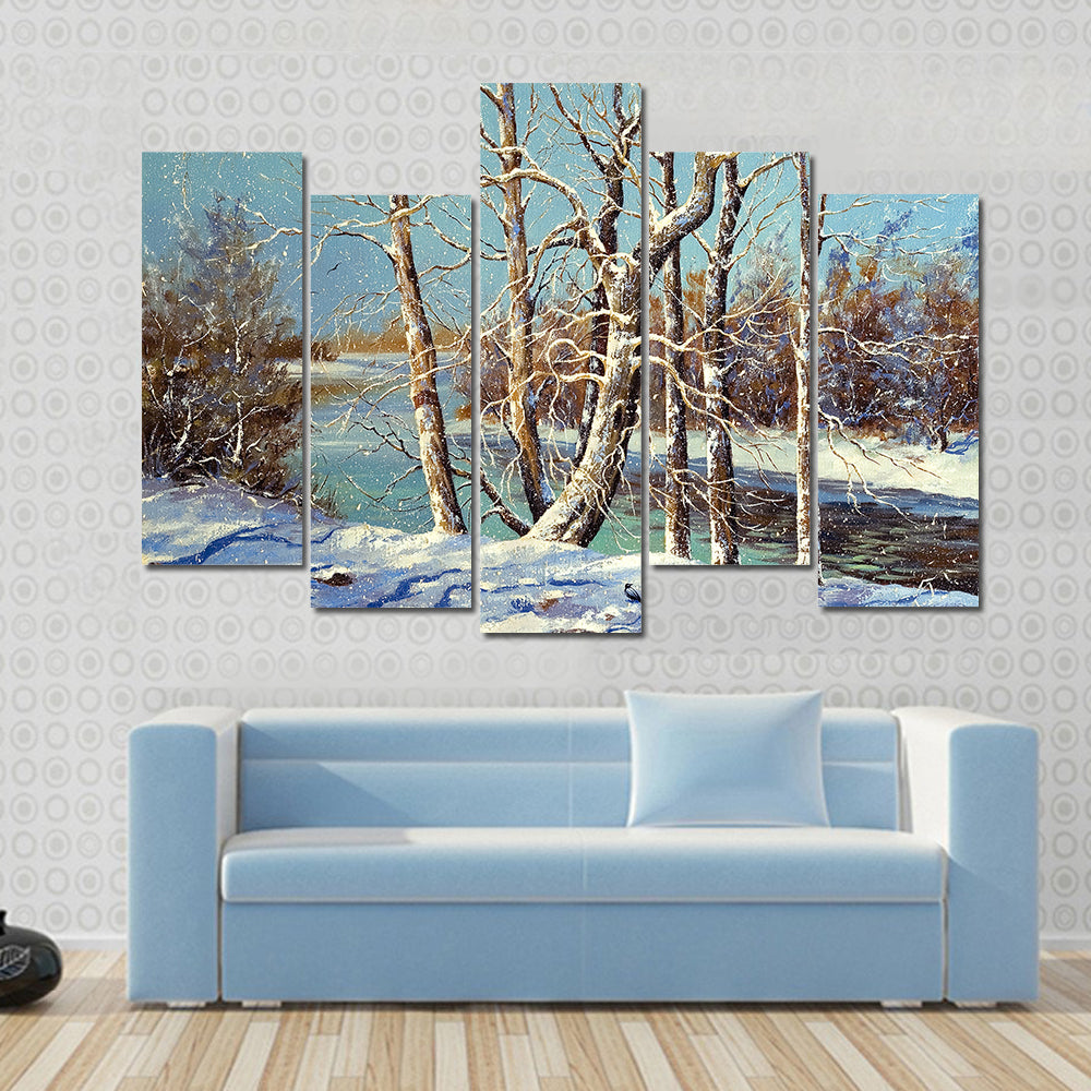 Winter River with Snowy Bank Canvas Wall Art