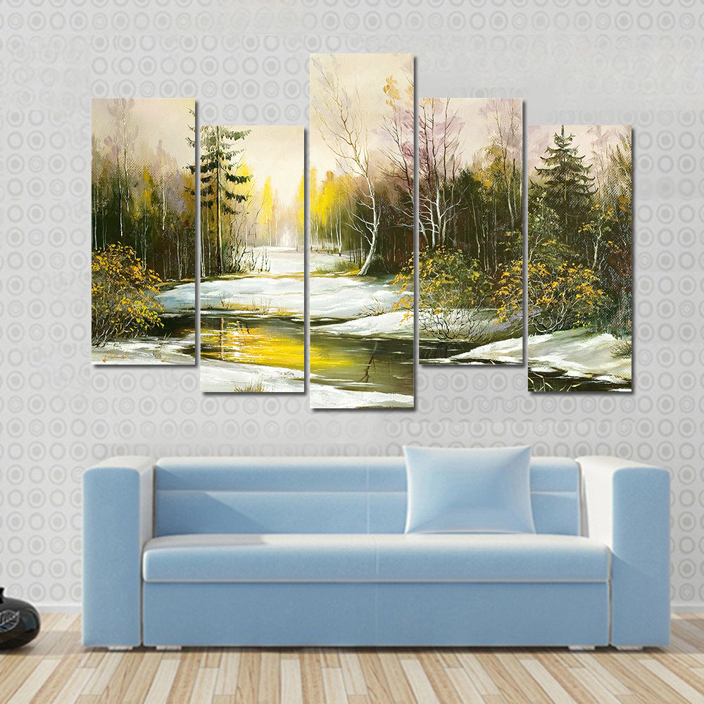 Winter Riverbank with Golden Light Canvas Wall Art