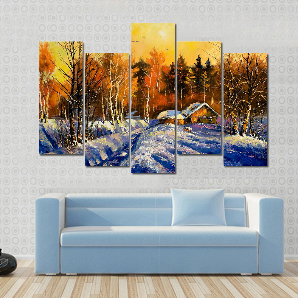 Evening In Winter Village Canvas Wall Art