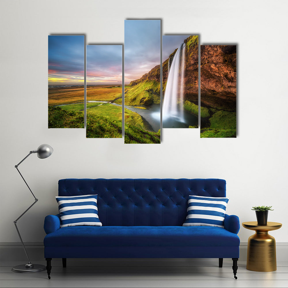 Seljalandsfoss Waterfall At Sunset In Iceland Canvas Wall Art