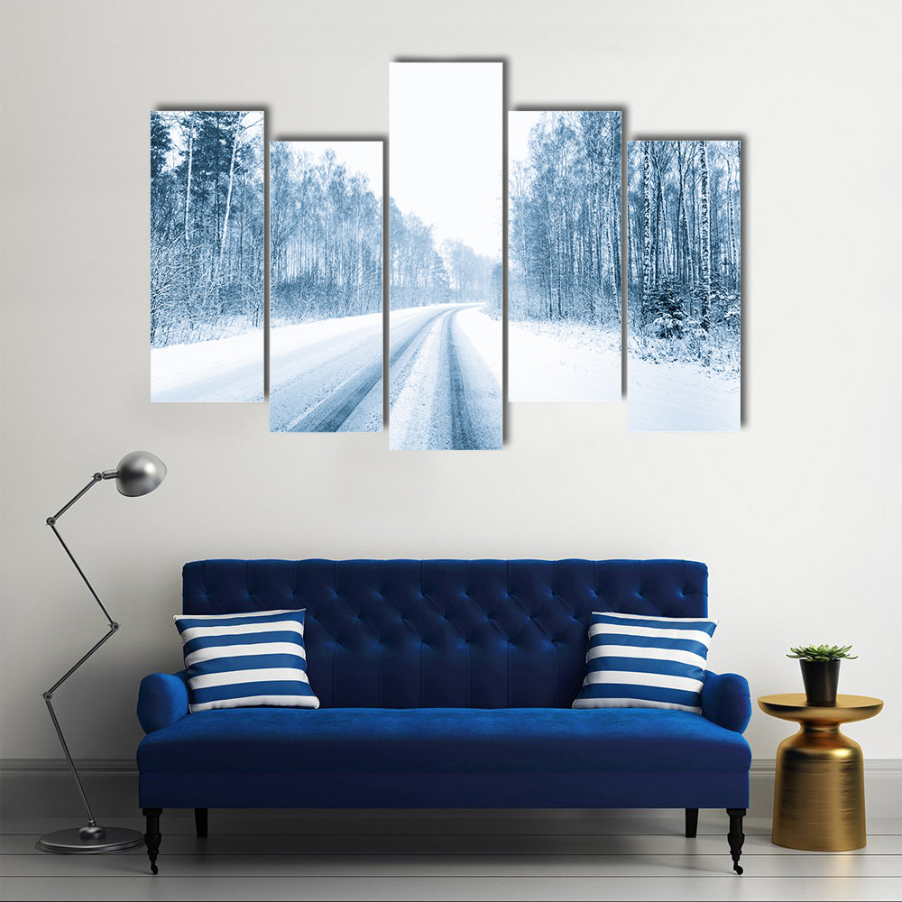 Snow Covered Open Road In Winter Canvas Wall Art