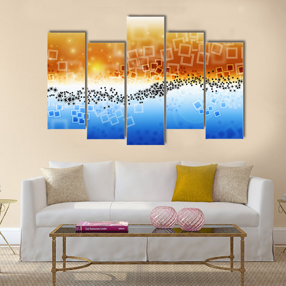 Data Transfer Abstract Landscape Canvas Wall Art in white, orange and blue, 5 panel Pop layout hung on a wall