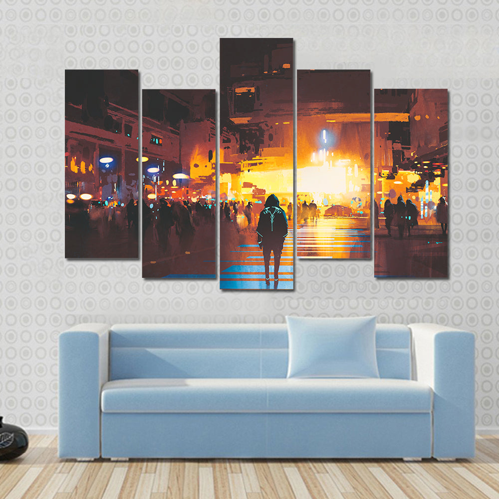 Lone Hooded Figure in Neon City Canvas Wall Art