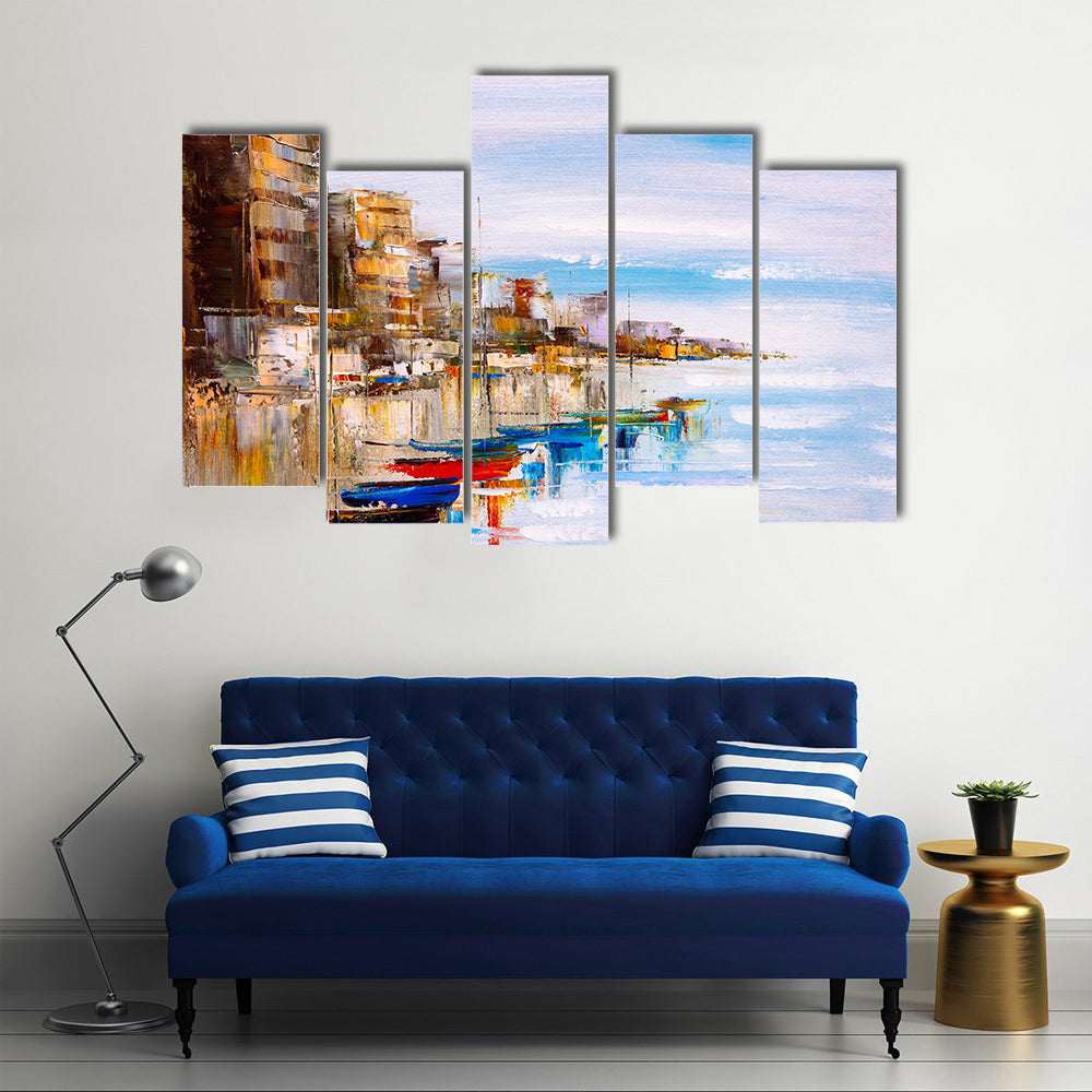 Abstract Harbor with Fishing Boats Canvas Wall Art