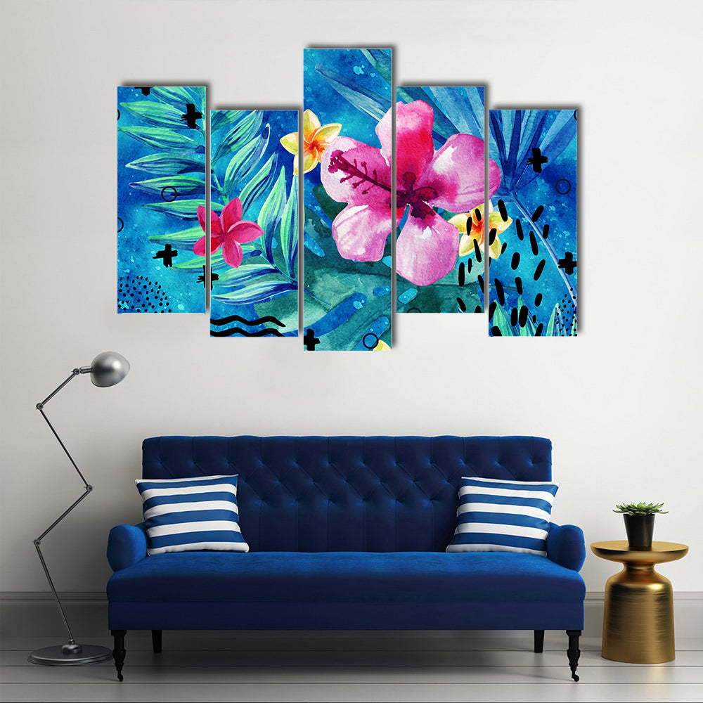 Tropical Hibiscus and Palm Leaf Pattern Canvas Wall Art