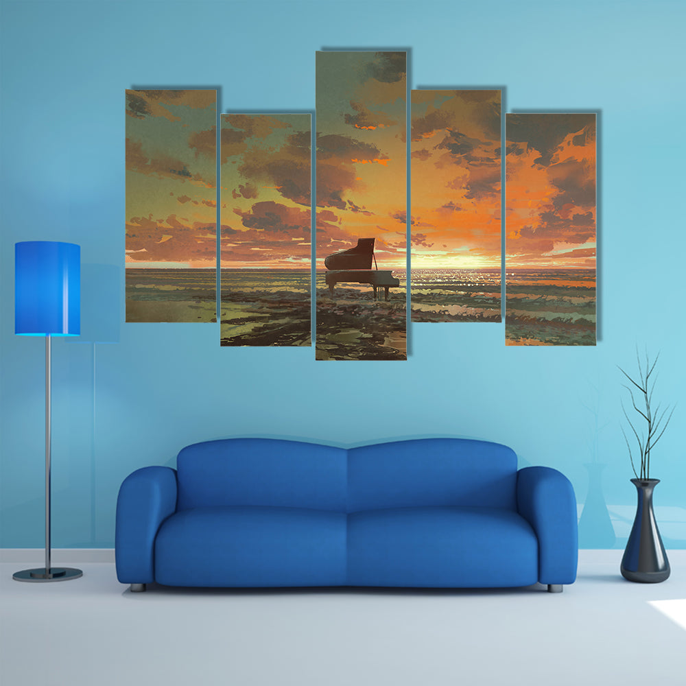 Surreal Piano On Beach Sunset Canvas Wall Art