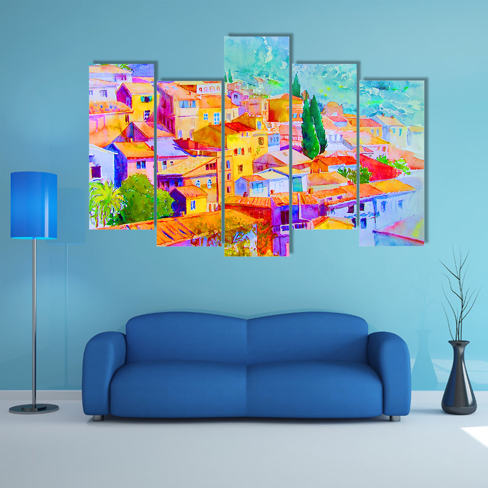Village View On Hill Mountain Canvas Wall Art