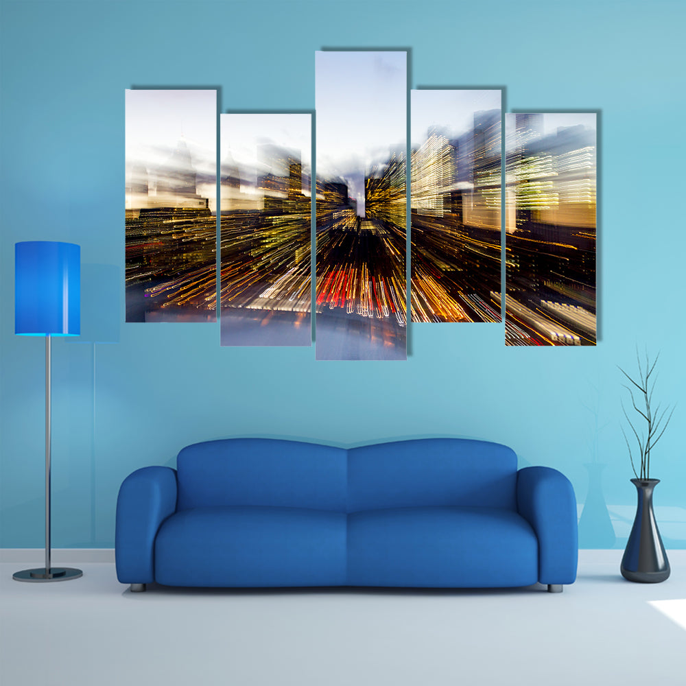 New York City Downtown Building Lights At Dusk In Manhattan Canvas Wall Art