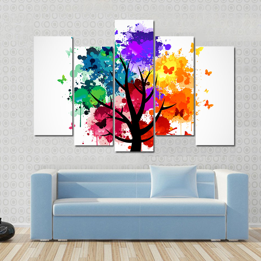 Colorful Butterflies On Tree Canvas Wall Art