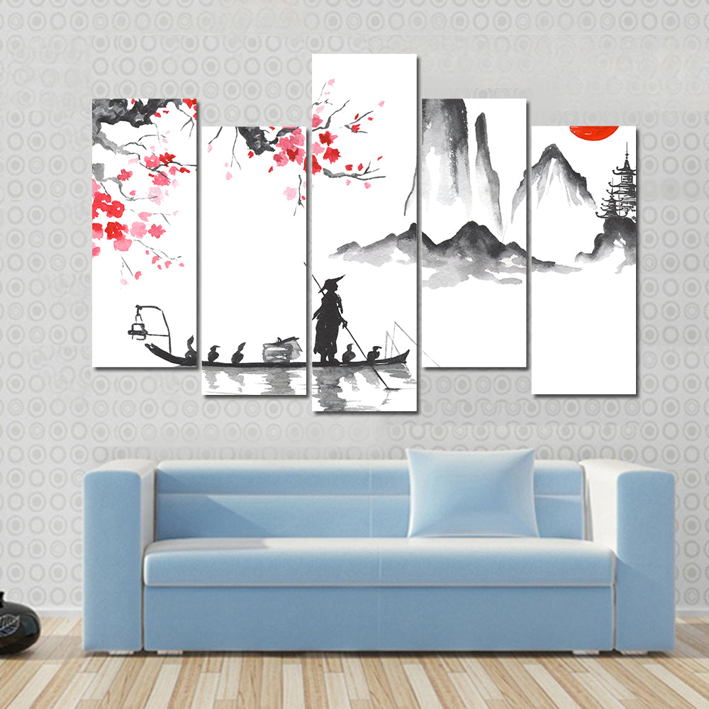 Japanese Ink Wash Fisherman at Sunrise Canvas Wall Art