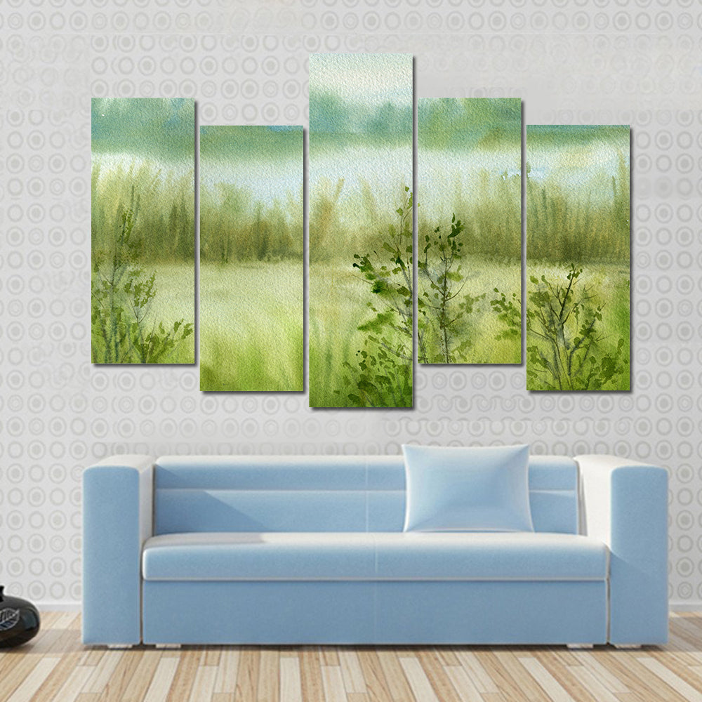 Fog At River With Grass Canvas Wall Art
