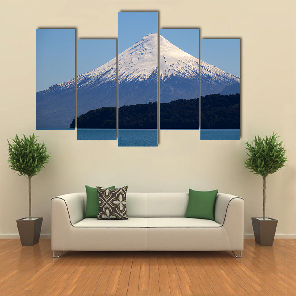 Snow-capped Volcano Over Calm Lake Canvas Wall Art