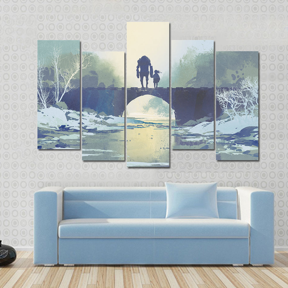Robot and Child on Snowy Bridge Canvas Wall Art