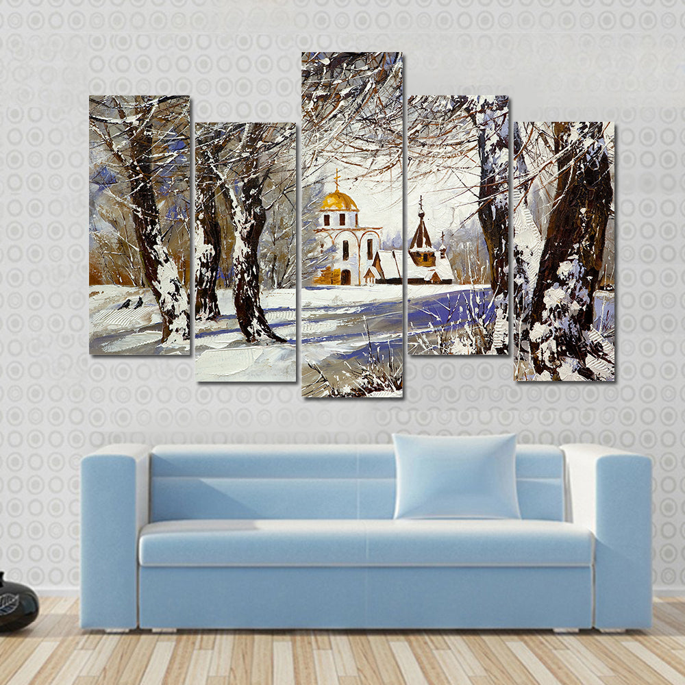 Church In Winter Wood Canvas Wall Art