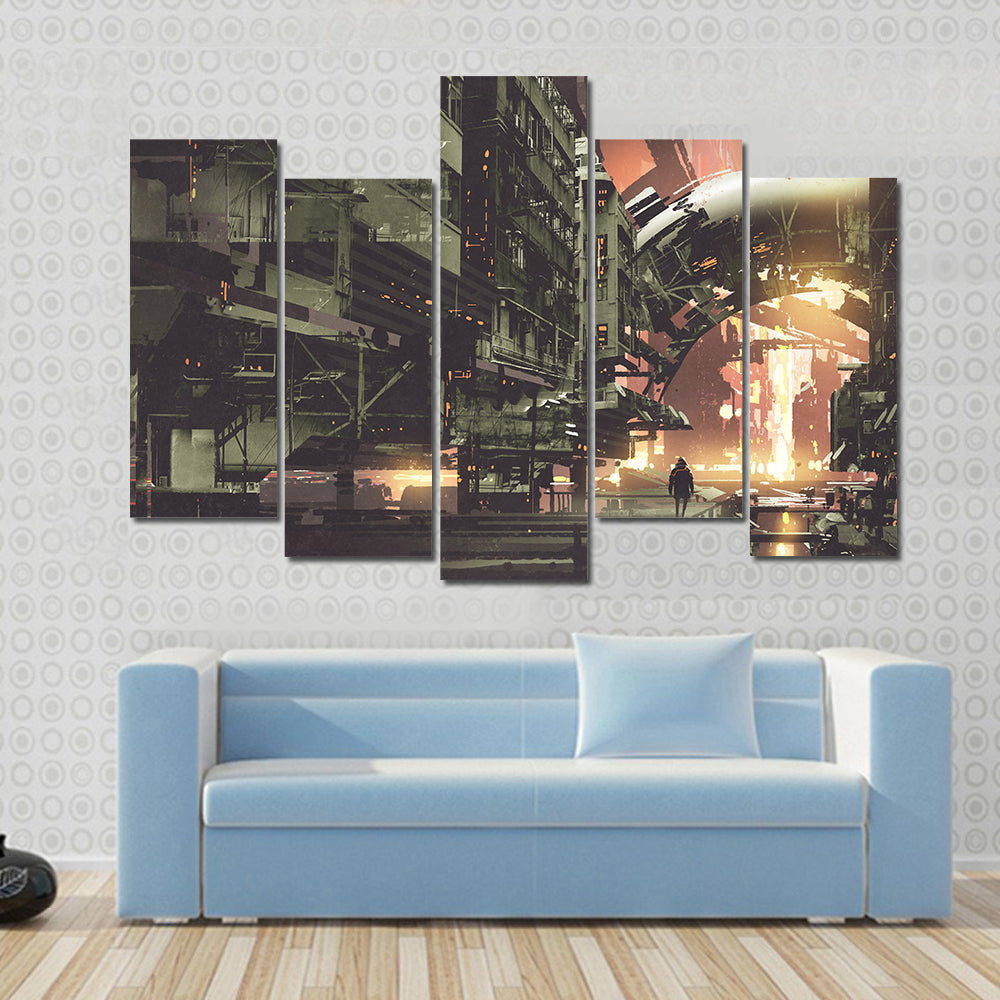 Cyberpunk City With Futuristic Buildings Canvas Wall Art