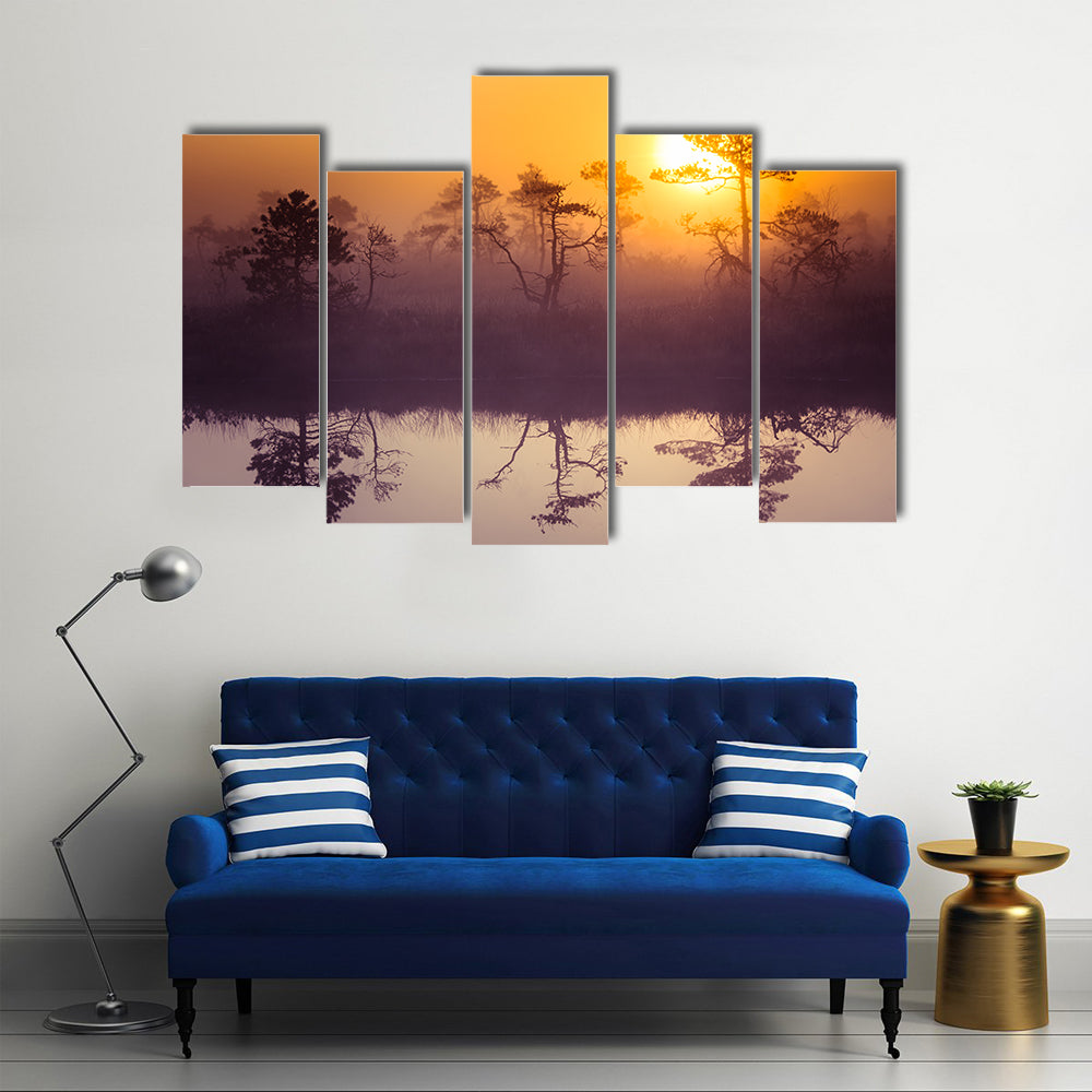 Sun Rising Above Misty Lake Canvas Wall Art