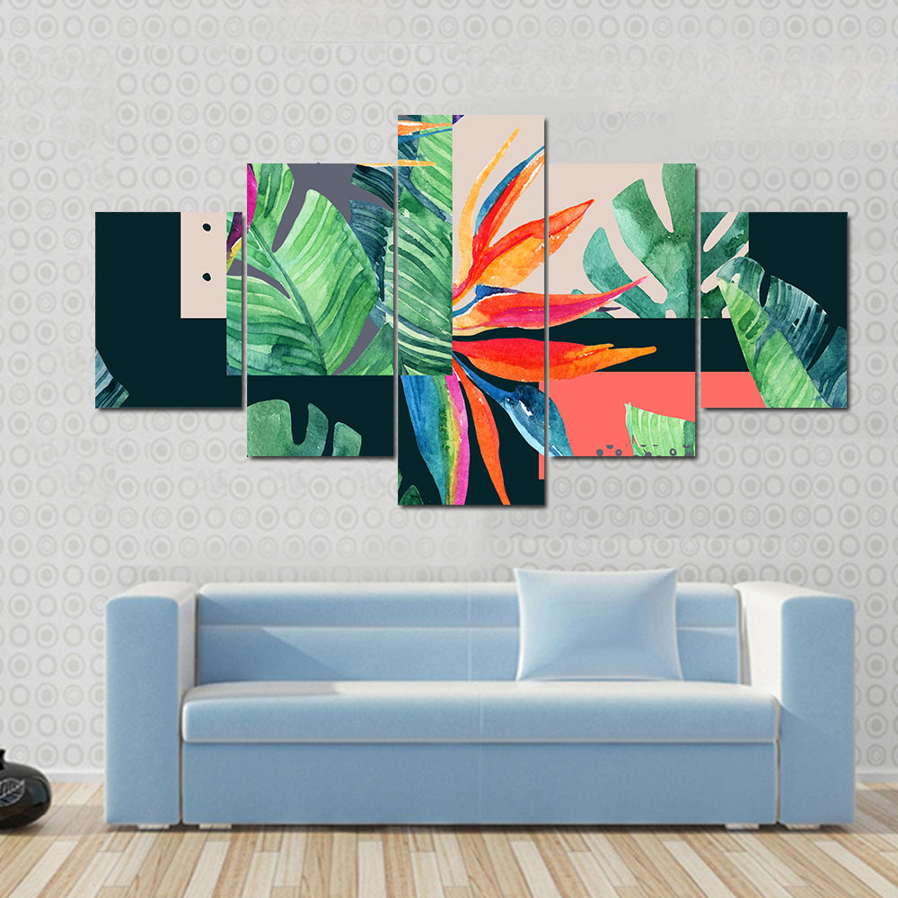 Watercolor Exotic Flowers and Tropical Leaves Canvas Wall Art