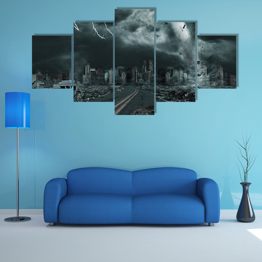 Tornado Over Ruined City Skyline Canvas Wall Art