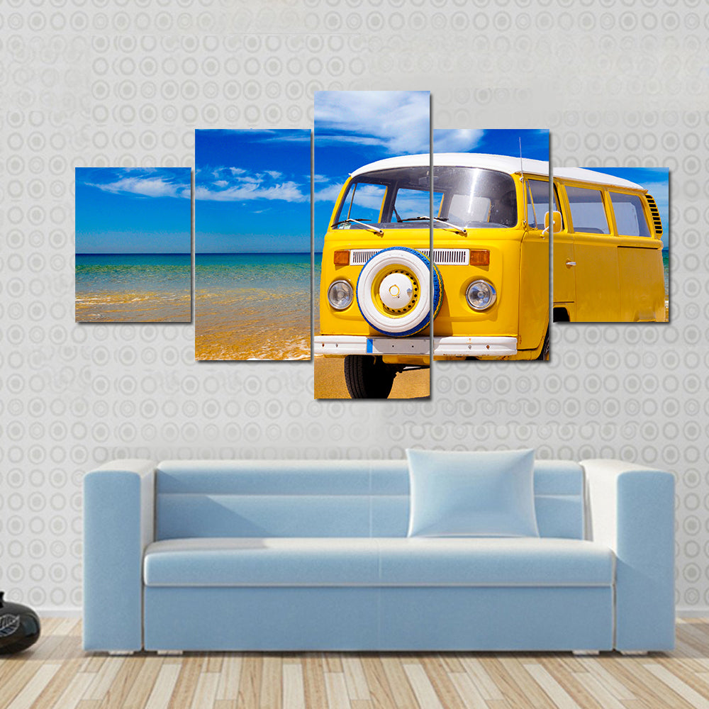Yellow Vintage Van on Sandy Beach Canvas Wall Art