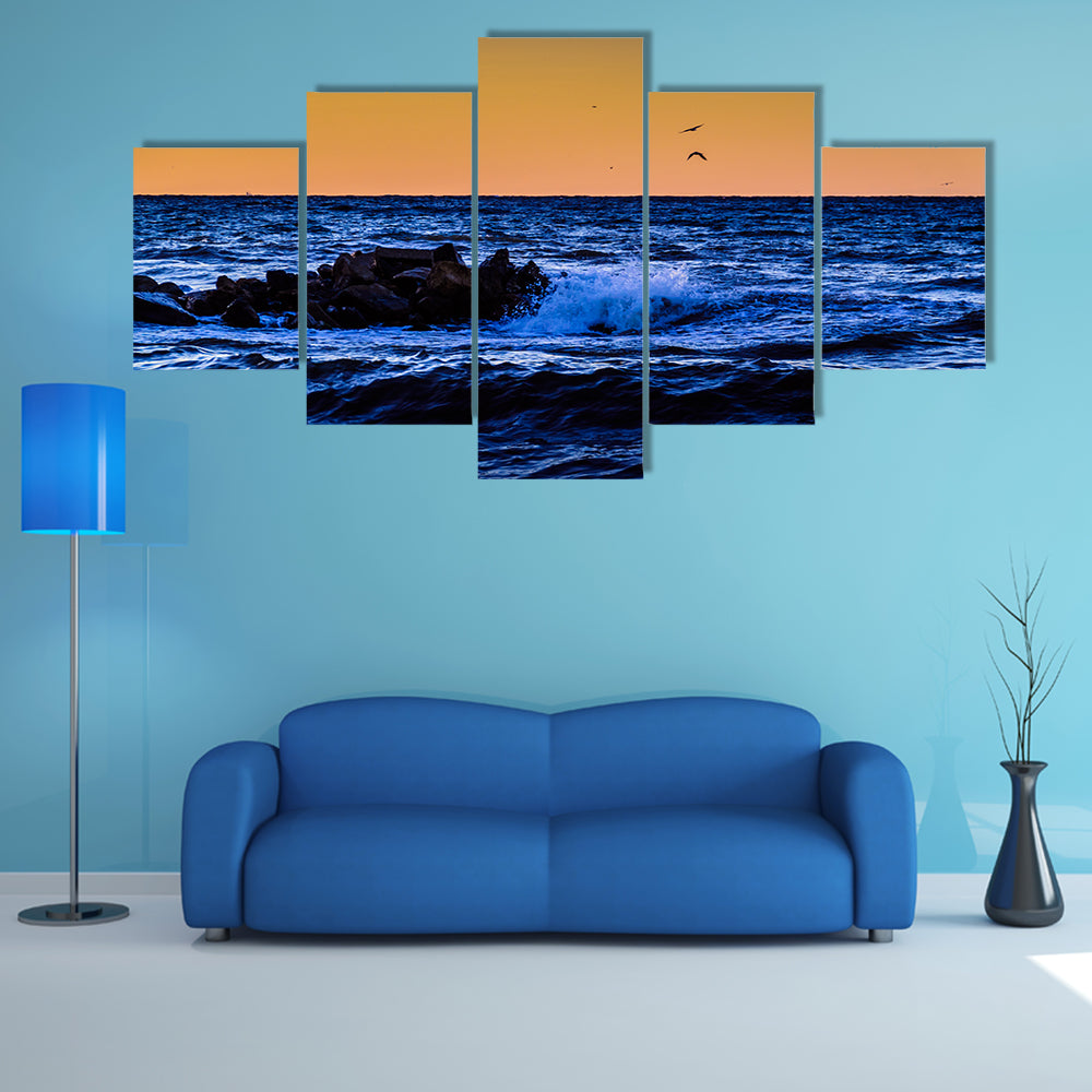 Blue Ocean Waves at Sunset Canvas Wall Art