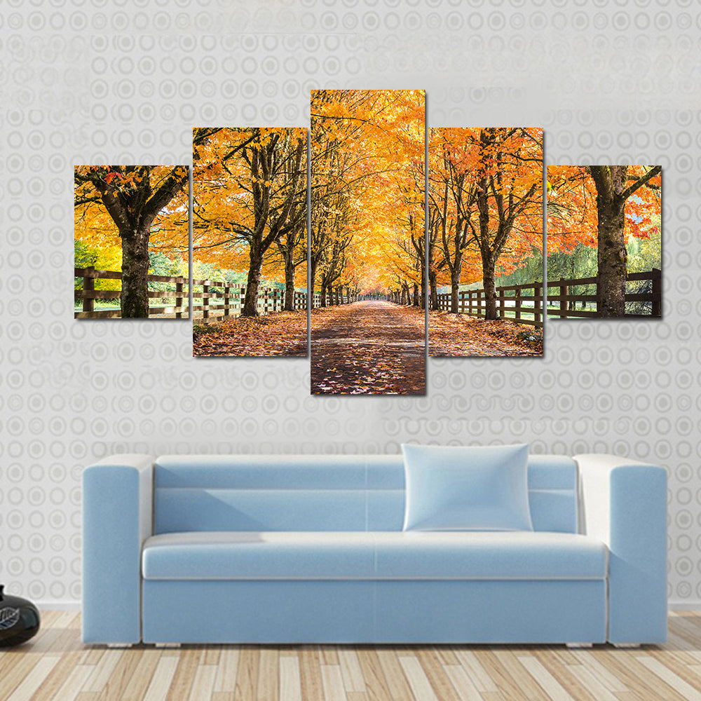 Autumn Tree Tunnel with Golden Leaves Canvas Wall Art