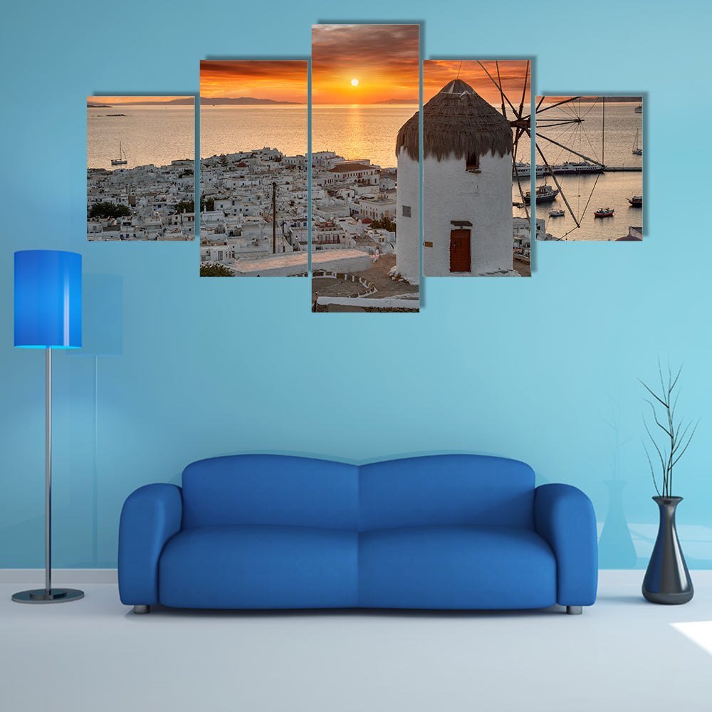 Mykonos Sunset with White Windmill Canvas Wall Art