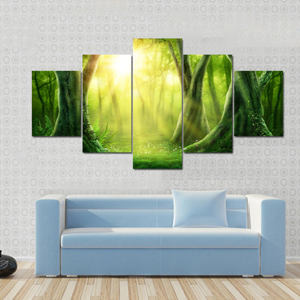 Dark Magic Forest With Sunshine Canvas Wall Art
