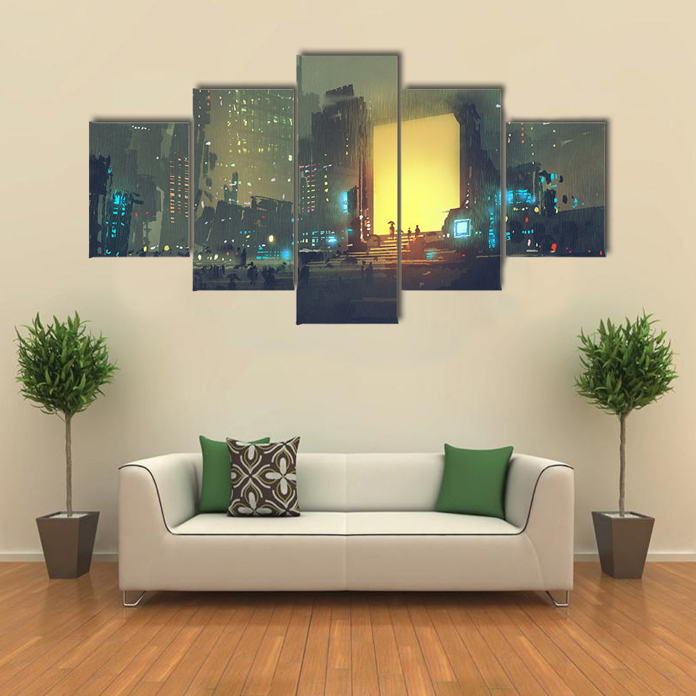 Rain-soaked Futuristic Cityscape Canvas Wall Art