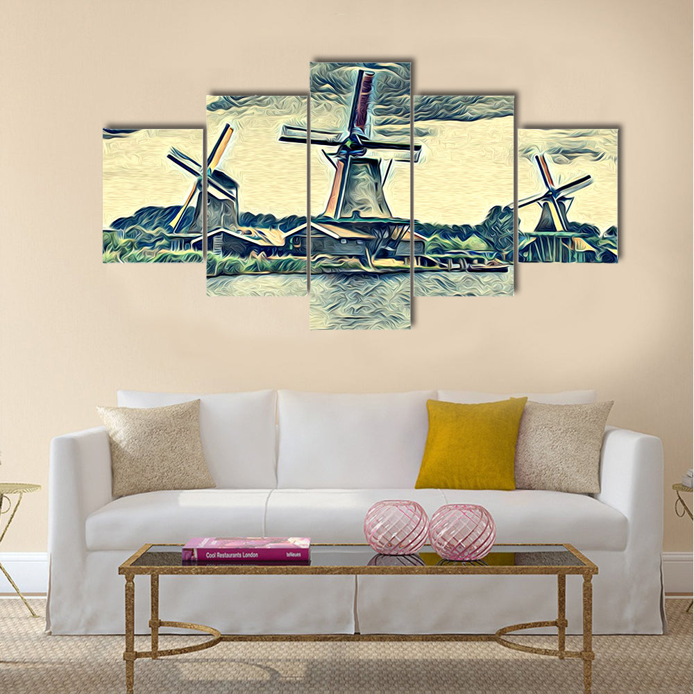 Vintage Dutch Windmills Landscape Canvas Wall Art