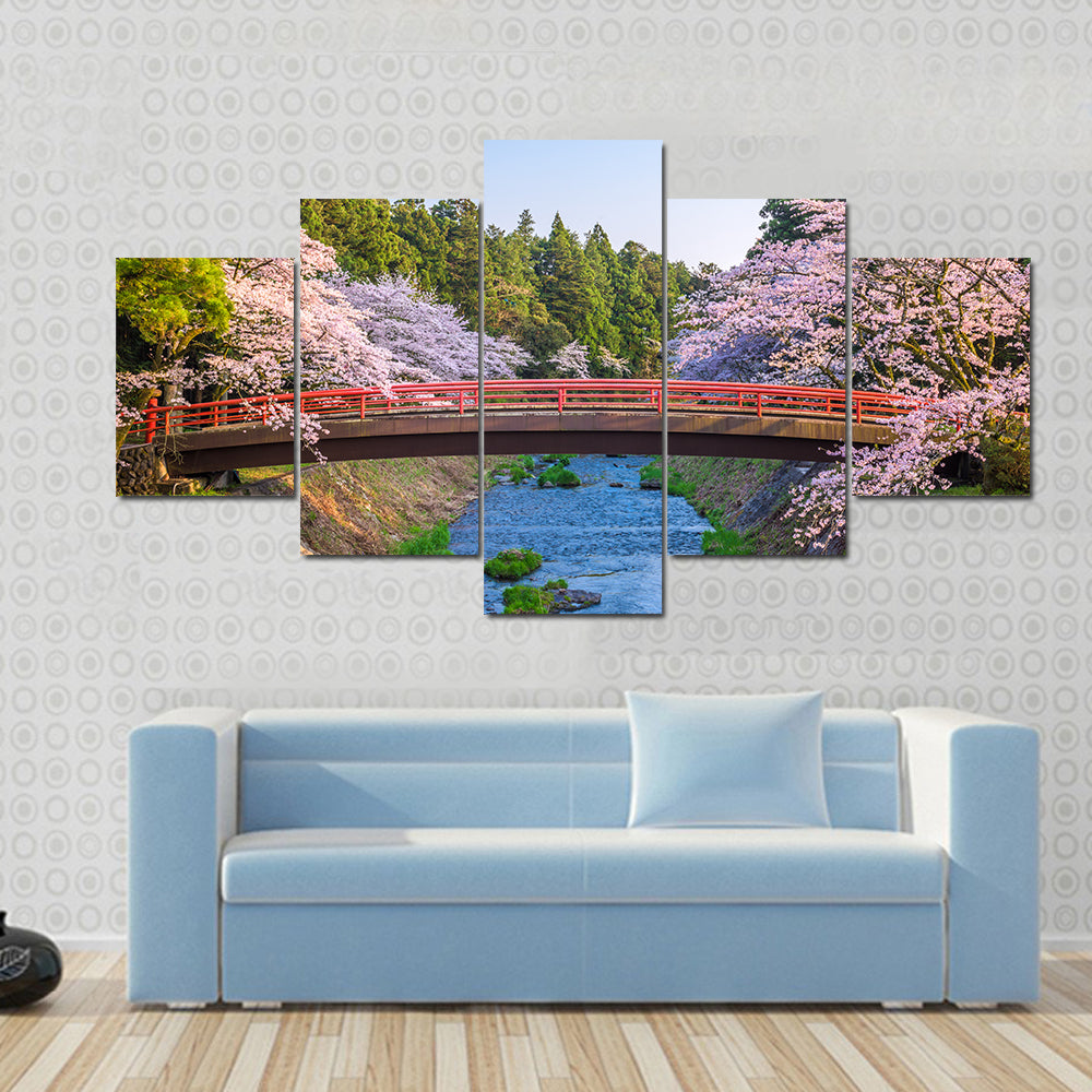 Cherry Blossoms Over Red Arched Bridge Canvas Wall Art