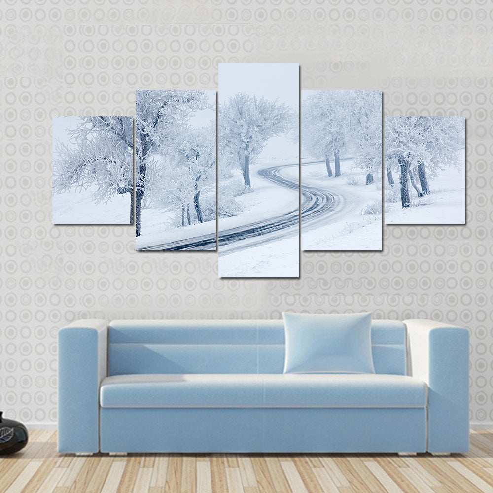 Snowy Winter Road Canvas Wall Art