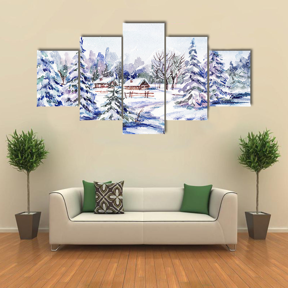 Scenic Winter Village Landscape Canvas Wall Art