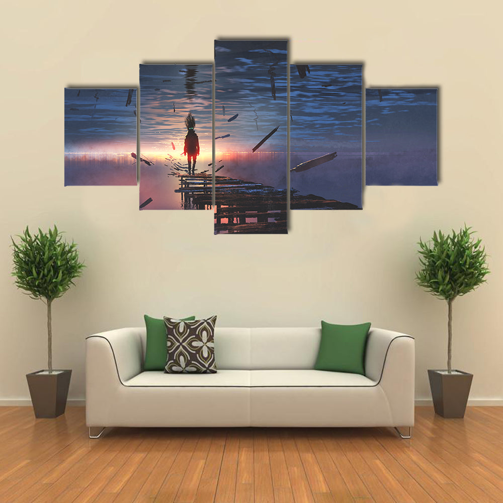 Hooded Figure on Broken Bridge Canvas Wall Art