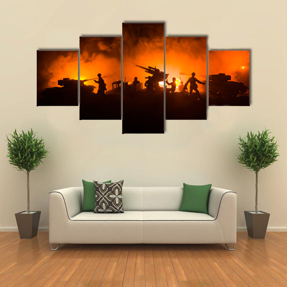 Soldier Silhouettes with Tanks and Anti-aircraft Canvas Wall Art