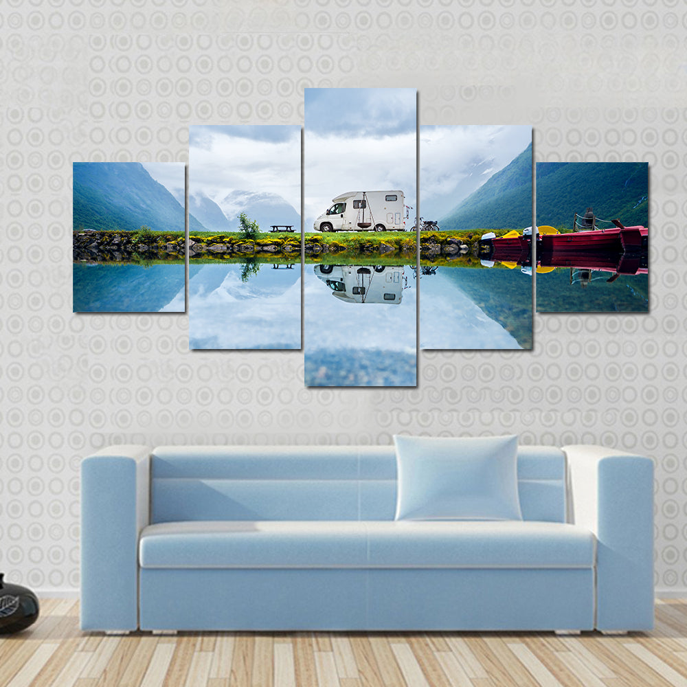 Motorhome by Mountain Lake, Norway Canvas Wall Art