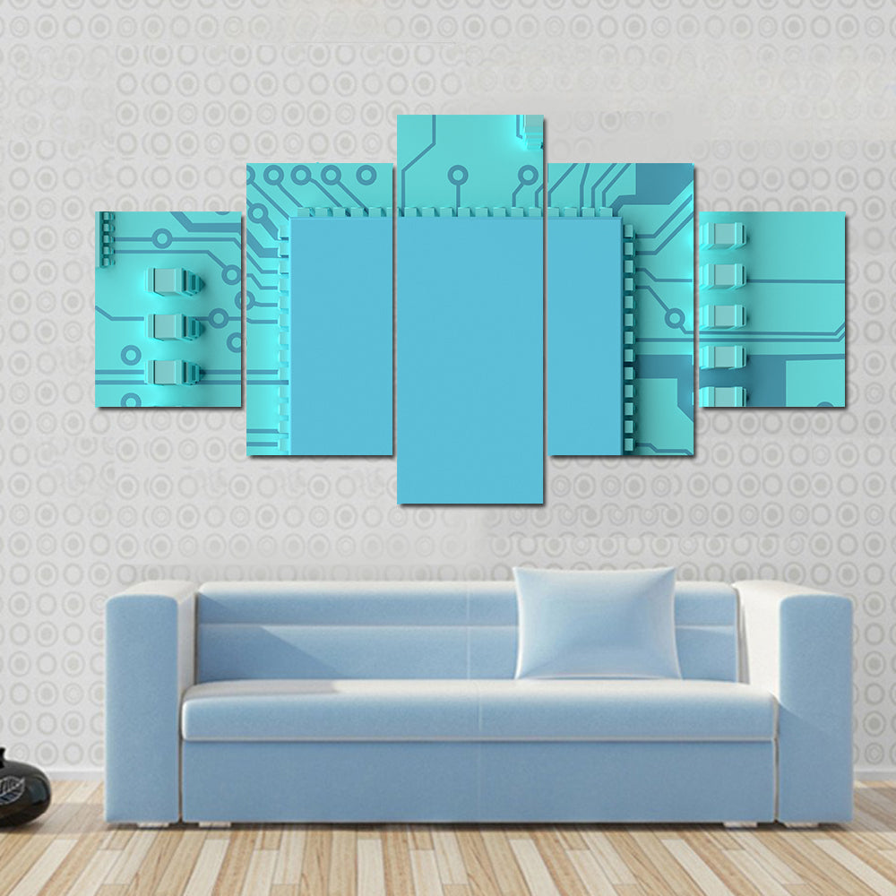 Circuit Board Concept Canvas Wall Art in blue, framed canvas, product view on a white background