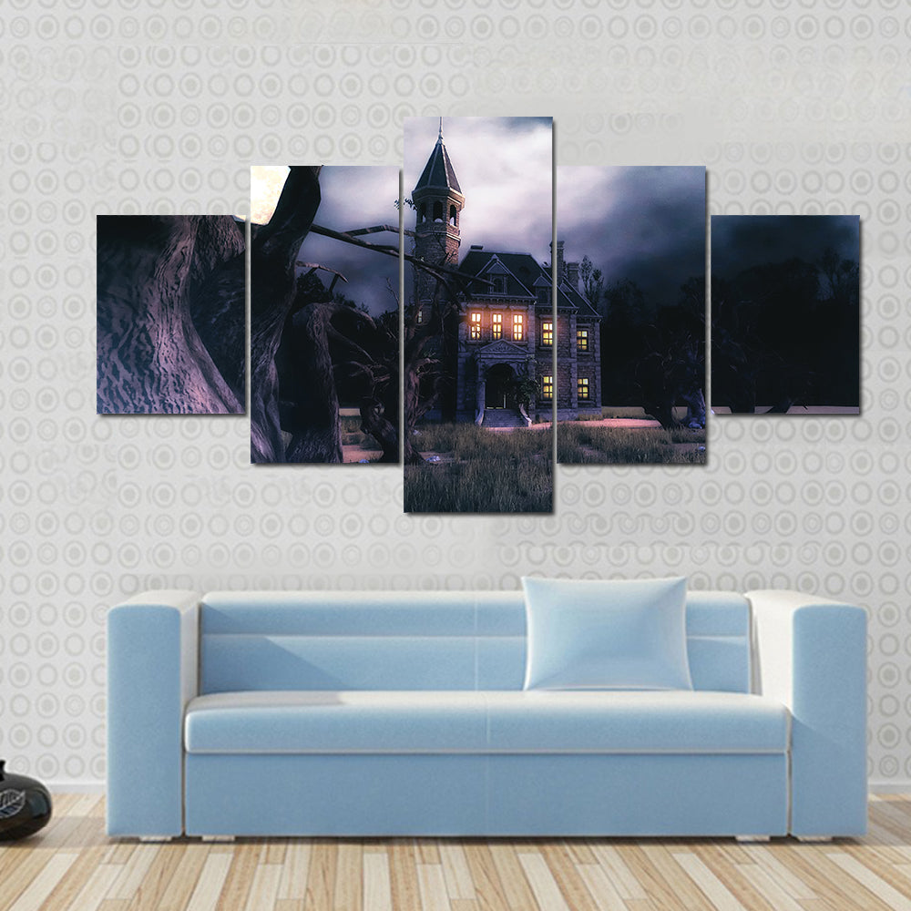 Moonlit Haunted Victorian Mansion Canvas Wall Art