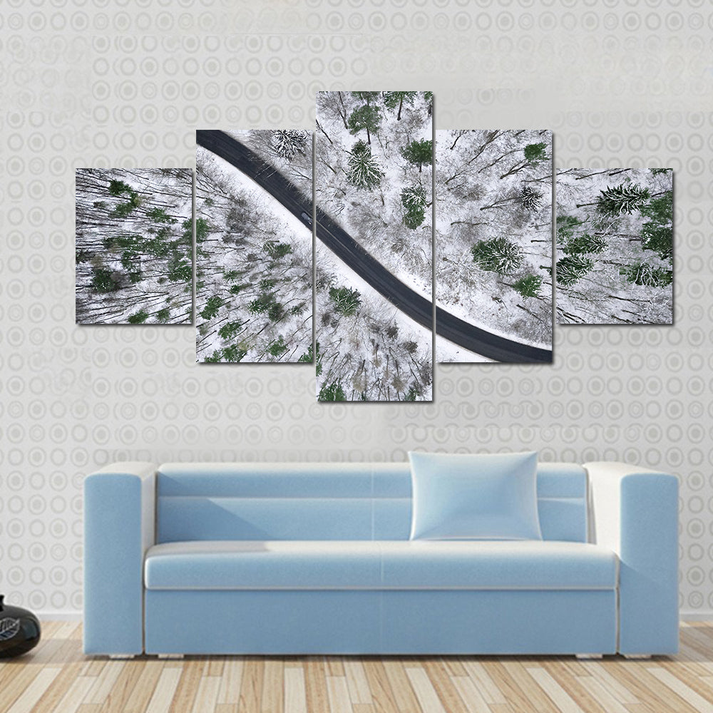 Winter Road In Snowy Forest Canvas Wall Art