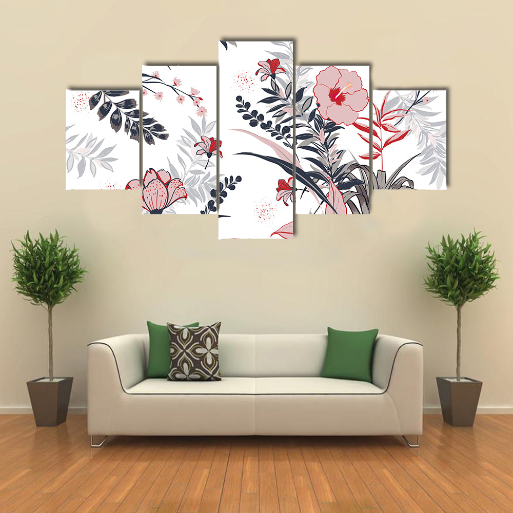 Hibiscus and Tropical Leaves Pattern Canvas Wall Art