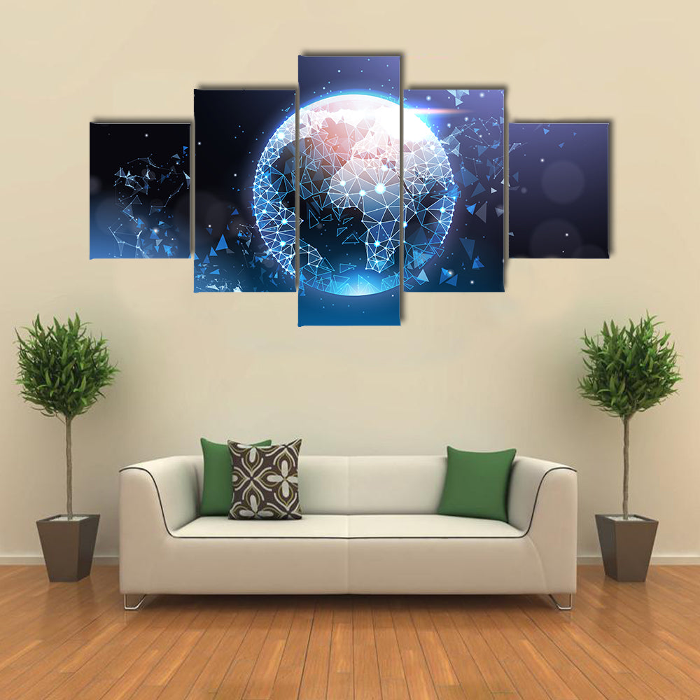 Digital Wireframe Globe Network Canvas Wall Art in black, blue and purple, 5 panel Star layout hung on a wall