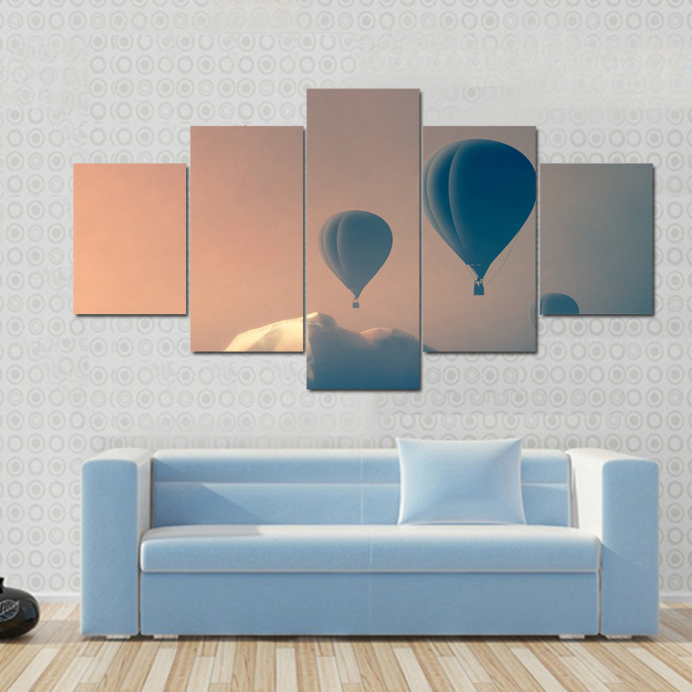 Silhouette Of Air balloon Flying In The Mountains Canvas Wall Art