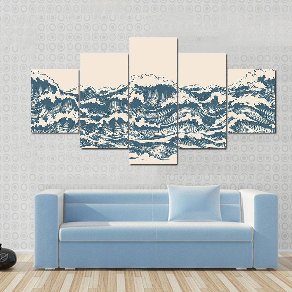Ocean Waves Woodblock Sketch Canvas Wall Art