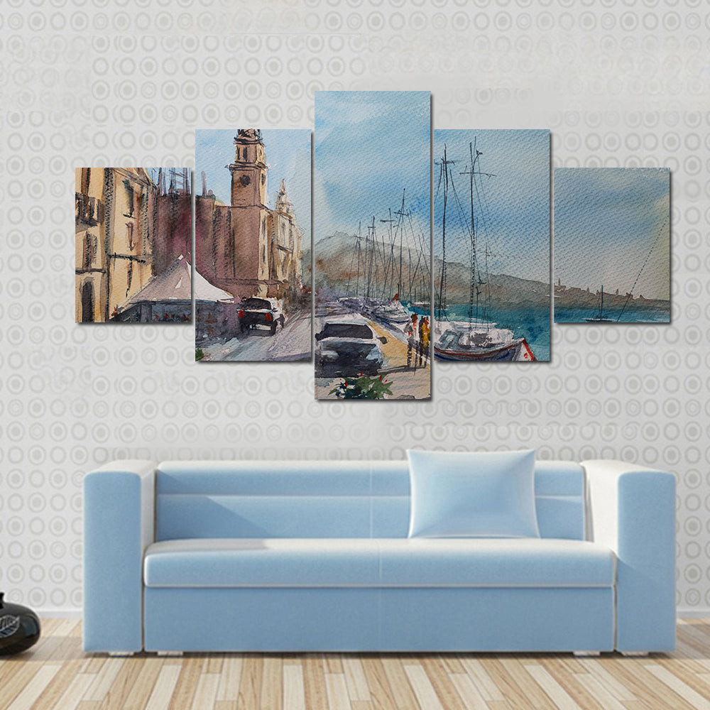 Harbor Town Sketch with Clock Tower Canvas Wall Art