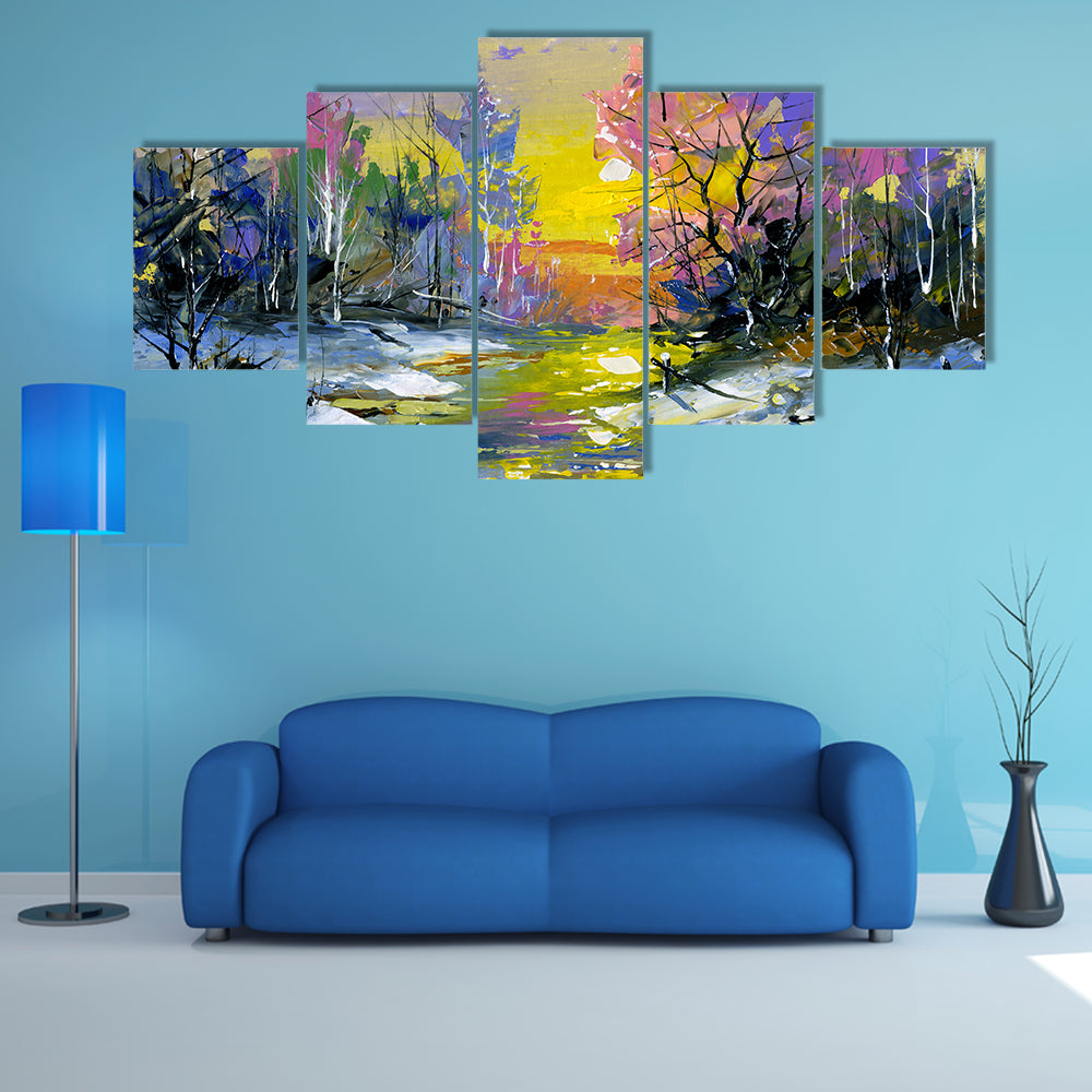 Winter Sunset River in Snowy Forest Canvas Wall Art