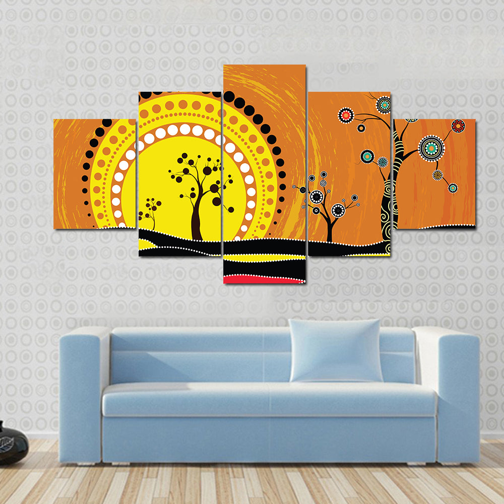 Aboriginal-style Sunset on Rolling Hills Canvas Wall Art