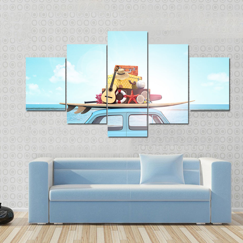 Vintage Beach Car with Surfboard Canvas Wall Art