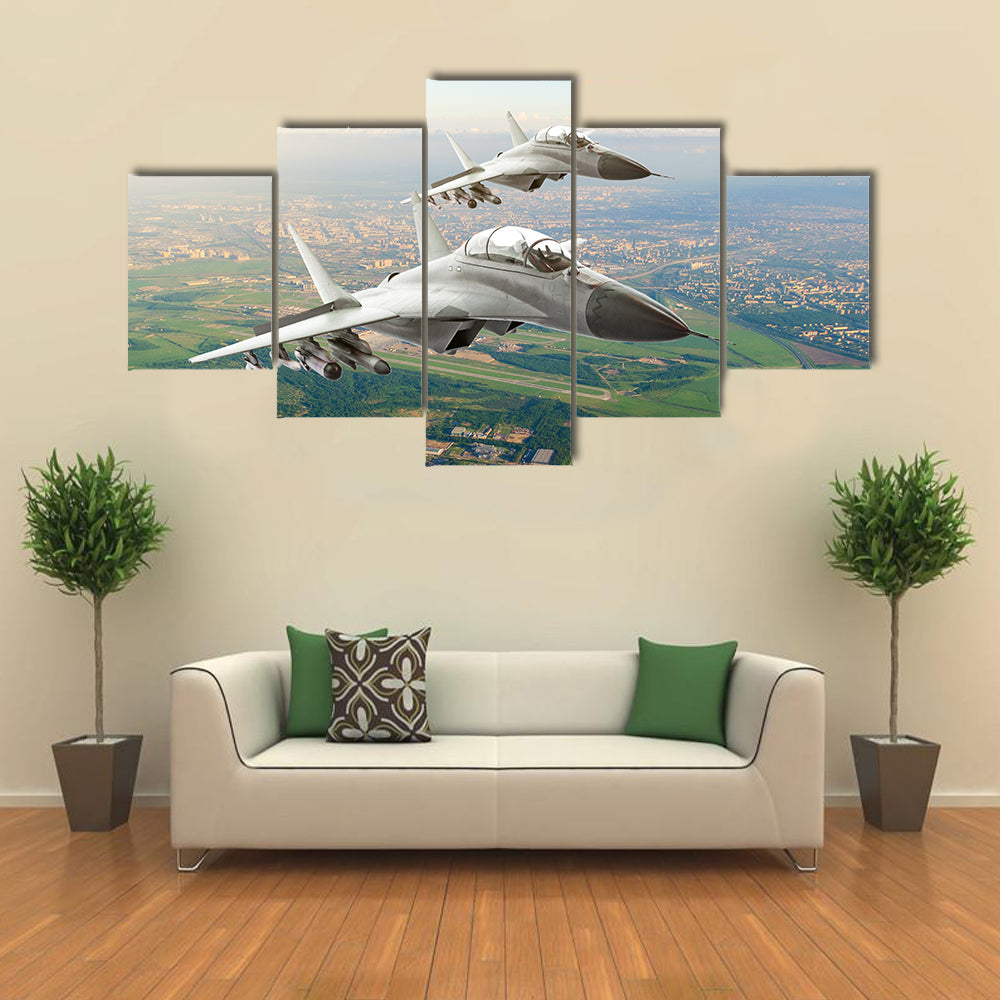 Twin Fighter Jets Over Airfield Canvas Wall Art