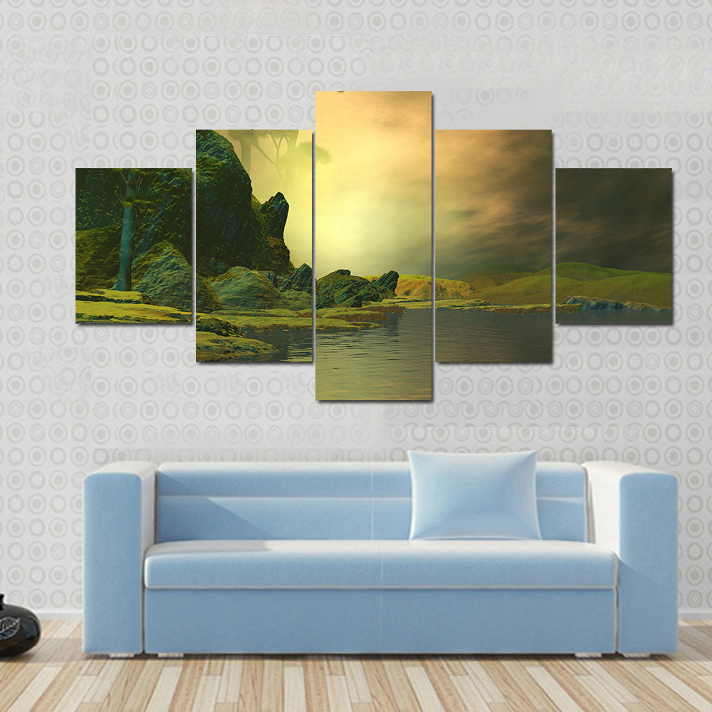 Misty Mountain Lake with Twisted Tree Canvas Wall Art